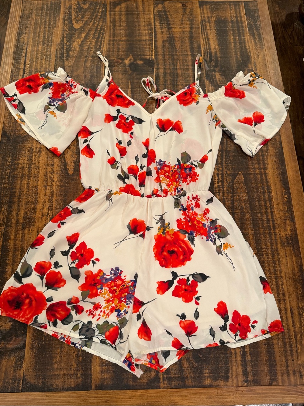 Sienna Sky White Romper with Red Floral Print and Cold-Shoulder Straps